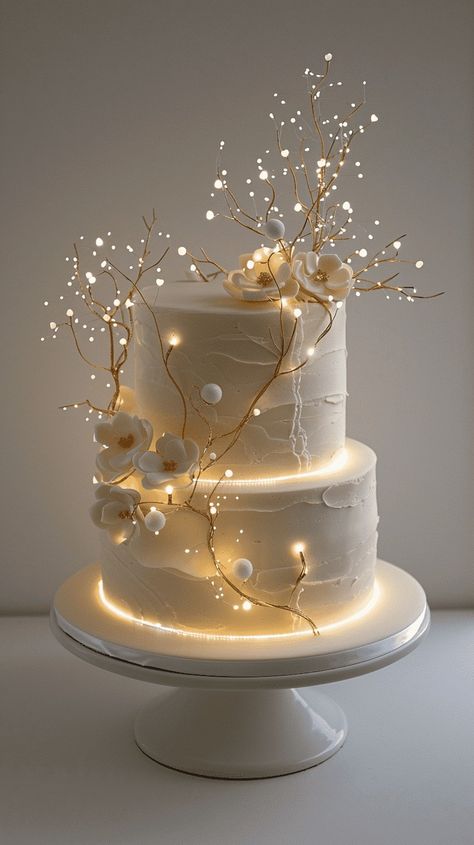 70+ Winter Wedding Cake Ideas (In 20 Categories) Lighting Cake Design, Wedding Cake Fairy Lights, Fairytale Wedding Dessert Table, Butterfly Theme Wedding Cake, February Wedding Cake Ideas, Woodland Fairy Wedding Cake, Wedding Cake With Fairy Lights, Wedding Cake Designs 2024, Winter Wedding Lights