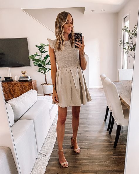 Fashion Jackson Wearing Beige Flutter Sleeve Smocked Dress Beige Dress Outfit, Affordable Summer Dresses, Neutral Dress, Wedding Guest Outfit Summer Casual, Simple Summer Dresses, Amazon Dresses, Amy Jackson, Fashion Jackson, Wedding Guest Outfit Summer