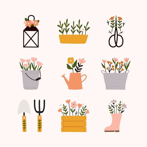 Spring Vector Illustration, Gardening Doodles, Spring Illustration Design, Watering Can Ideas, Flower Illustration Simple, Gardening Stickers, Garden Doodles, Spring Drawings, Spring Doodles