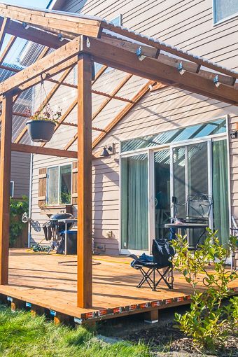 pergola with sun roof on deck Adding Pergola To Existing Deck, Covered Deck Plans, Patio Cover Ideas, Deck Over Concrete, Diy Patio Cover, Pergola Roof, Covered Patio Design, Pergola Attached To House, Sun Roof