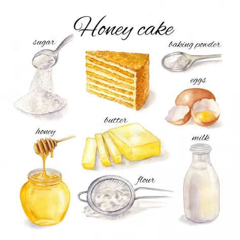 Honey For Allergies, Cake Watercolor, Cottagecore Recipes, Kitchen Witch Recipes, Aesthetic Health, Tattoo Health, Homemade Cookbook, Recipe Drawing, 귀여운 음식 그림