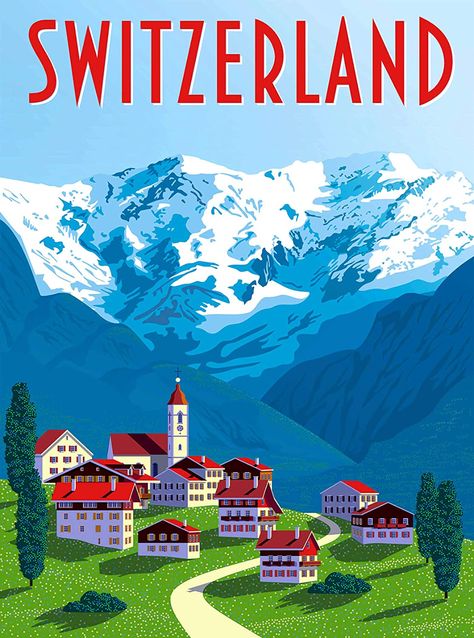 Swiss Switzerland, Travel Wall Decor, Postal Vintage, Travel Poster Design, Tourism Poster, Vintage Poster Design, Retro Travel Poster, Switzerland Travel, Images Vintage