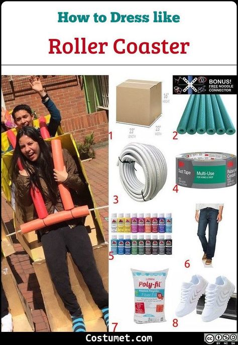 Going as a roller coaster is perfect if the costume is for a pair or a large group. While you will need to do a bit of extensive DIY-ing, the materials you’ll be using are easy to procure. That includes a moving box, pool noodles, a PVC pipe, and duct tape to name a few.             #misc #male #female #misc #group #kid Group Halloween Costumes Roller Coaster, Group Roller Coaster Costume, Carnival Roller Coaster, Roller Coaster Trunk Or Treat, Rollercoaster Halloween Costume, Rollercoaster Costume Diy, Diy Roller Coaster Costume, Roller Coaster Costume Diy, Rollercoaster Costume