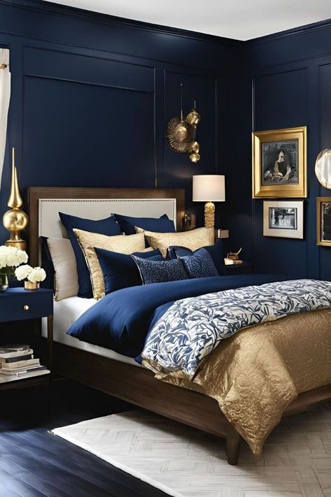 Navy Blue Bedroom Walls Room Ideas, Blue Bedroom Ideas For Couples, Navy Gold Bedroom, Navy Bedroom Ideas, Navy Blue Bedroom Walls, Navy Bedroom Decor, Sustainable Bedroom, Dark Brown Bedrooms, Dark Blue Rooms