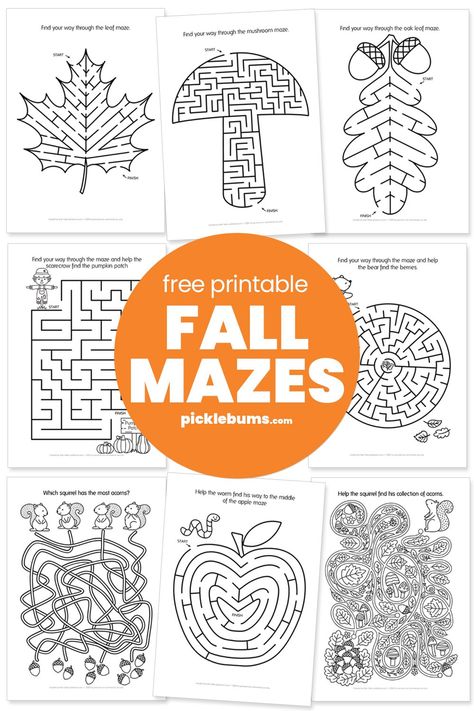 These free printable autumn/fall mazes are a fun, 'print and go' activity that kids will love! Free Fall Homeschool Printables, Autumn Worksheets Free Printable, Free Maze Printables, Fun 3rd Grade Activities, Fall Mazes For Kids, Maze Puzzles For Kids Free Printables, Fall Library Activities, Fall Activity Pages Free Printable, Easy Mazes For Kids Free Printable