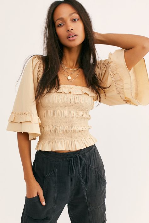 Shirred Perfection Top | Free People Senior Trip Outfits, Shirred Blouse, Dresses Sundresses, Shirred Top, Trip Outfits, Fun Heels, Free People Store, Square Neck Top, Top 40