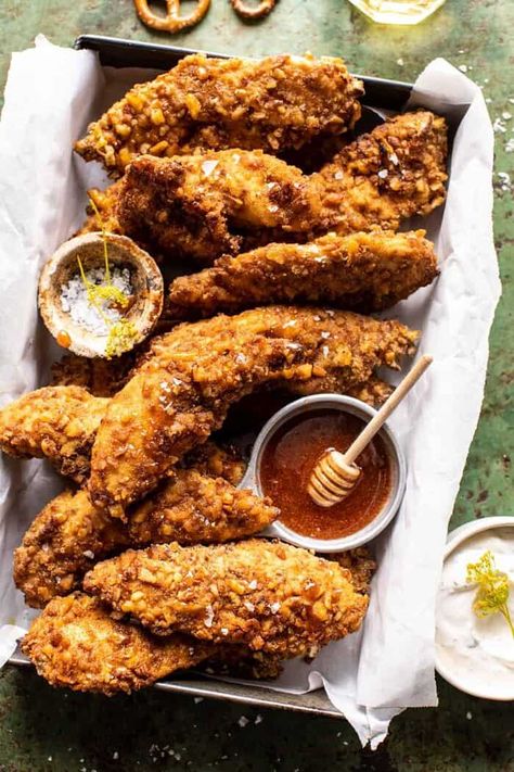 Honey Mustard Pretzel Chicken, Mustard Pretzel Chicken, Spicy Honey Mustard, Pretzel Chicken, Pretzel Crusted Chicken, Mustard Pretzels, Honey Mustard Pretzels, Popcorn Chicken Recipe, Half Baked Harvest Recipes