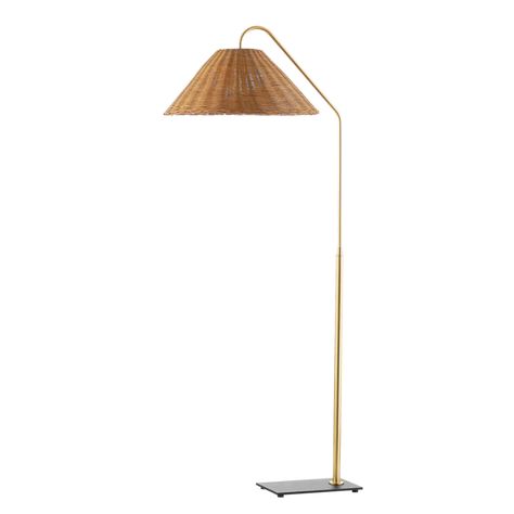 Lauren keeps things easy, natural and fun. Designed to add to a space without taking it over, this stylish floor lamp features a curved aged brass arm that gets thicker as it approaches the rectangular base. The rattan shade fills with a beautiful light and adds to the fixture's organic feel. Lauren will be at home in Rattan Floor Lamp, Stylish Floor Lamp, Rattan Shades, Corbett Lighting, Brass Texture, Hudson Valley Lighting, Burke Decor, Floor Lamp Lighting, Aged Brass