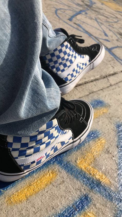 Vans Sk8-Hi Pro Black/Blue Checkerboard #vans #sk8hi #proclassics Vans Sk8 Hi Pro, Checkerboard Vans, Vans Sk8 Mid, Sk8 Hi Vans, Winter Knitwear, Vans Blue, Vans Style, Vans Sk8 Hi, Blue Checkered