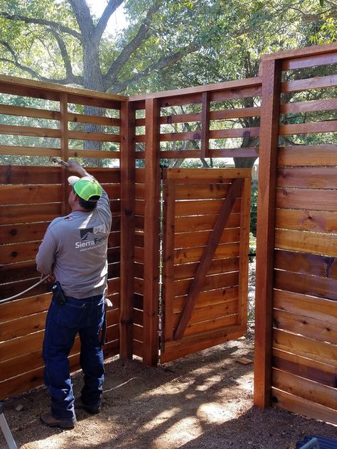 Staining 8 Foot Tall Custom Horizontal Fence with Slats on Top Tor Design, Wood Fence Design, Wooden Gate, Privacy Fence Designs, Horizontal Fence, Fence Styles, Cedar Fence, Privacy Fences, The Residents