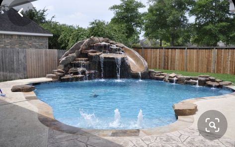 Waterfall Slide Pool, Rock Slides For Pool, Inground Pool Designs Rock Waterfall, Pool With Rock Slide And Waterfall, Small Backyard Pool With Slide, Small Pool With Slide, Rock Pool Slide, Rock Slide Pool, Pool Rock Slide