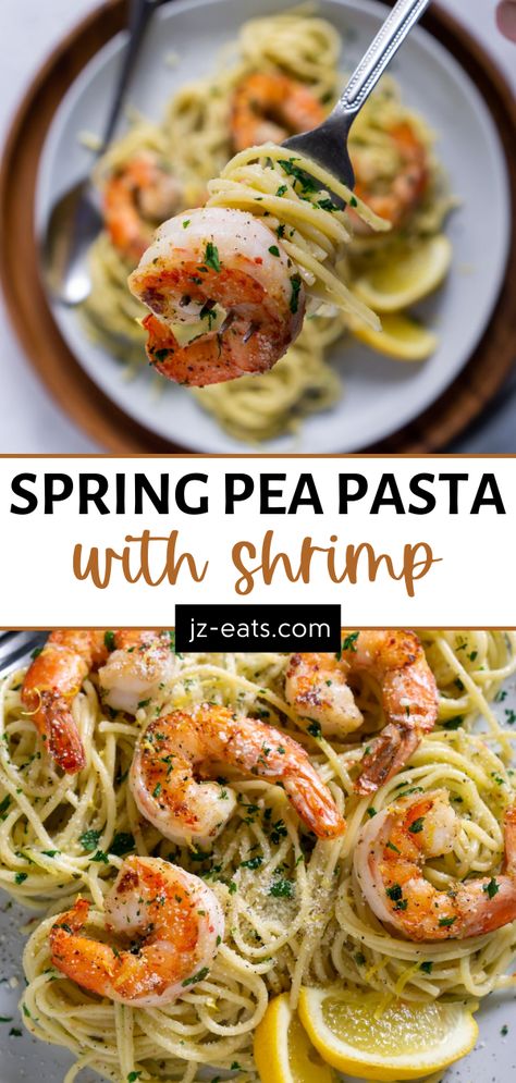 Shrimp Peas Pasta, Shrimp And Peas Pasta, Pasta W Peas, Aoli Recipes, Spring Pea Pasta, Pea Pasta Recipe, Shrimp And Peas, Peas Pasta, Pasta With Garlic