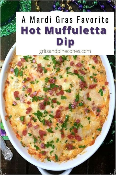 Easy Mardi Gras hot Muffuletta dip is a tantalizing appetizer made with tasty green olives, salami, provolone cheese, and tangy giardiniera. This hot and delicious dip is a flavorful appetizer for any Mardi Gras, game-day, or Super Bowl party. Mardi Gras Veggie Tray, Muffaletta Dip Appetizers, Mardi Gras Tailgate, Muffuletta Dip Recipe, Mardi Gras Dip Recipes, Louisiana Appetizers For Party, Mardi Gras Party Food For A Crowd, Marti Gras Food Recipes, Mari Gras Food