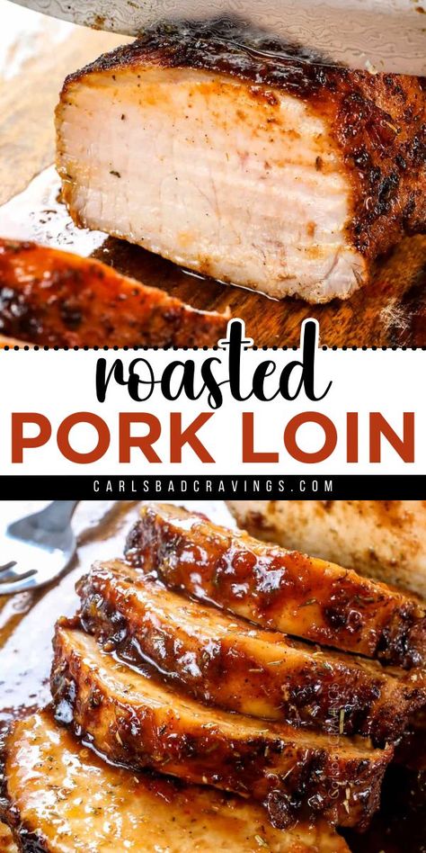 This Roasted Pork Loin Recipe! Your holiday menu must have this main dish for Christmas dinner. Buttery tender and extremely juicy with a fantastic flavor, this pork loin roast is an impressive Christmas dinner idea! Roasting A Pork Loin, Pork Loin Roast Recipes Oven Easy, Low And Slow Pork Loin Oven, Loin Of Pork Recipes Ovens, Recipe Pork Loin Roast, Pork Loin In Roaster Oven, Pork Loin Roast Stuffed, Tender And Juicy Pork Loin Roast Recipe, Oven Pork Loin Roast