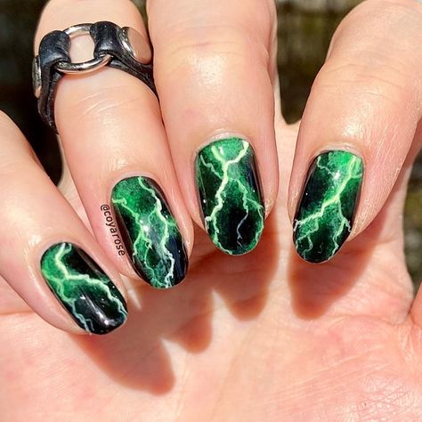 Nicoya Grobman on Instagram: “Atomic Lightning⚡️🔋 . Inspired by @asabree .  These are by far my favorite lightning nails I’ve painted!  I’ve actually been wanting to…” Green Lightning Nails, Lightening Nail Art, Thunderstorm Nails, Lightning Nail Art, Emo Nail, Emo Nail Art, Lightning Bolt Nails, Electric Nails, Nails Fire