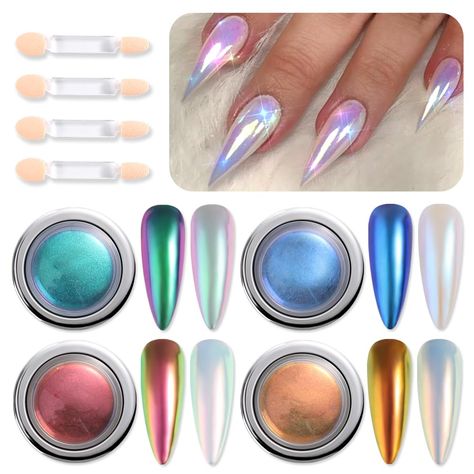 PRICES MAY VARY. 【You Will Get】4 colors chameleon chrome nail powder and 4 pieces doubled-head sponge sticks. 【Eye-Catching Chameleon Effect】This chrome nail powder creates a beautiful play of colors and reflects light, make your nails shine like rainbow! You can achieve different aurora pearlescent color looks by applying a colorful base underneath the powder. 【Ultra-Fine Texture】 Our chrome nails powder is made with natural ingredients, resin craft, it is vegan, cruelty-free, non-toxic. The ul Chrome Ombre Nails Designs, Nails Powder, Chrome Nail Powder, Chrome Nails Designs, Gel Polish Nail Art, Nail Effects, Chrome Nail, Ombre Nail Designs, Nail Powder