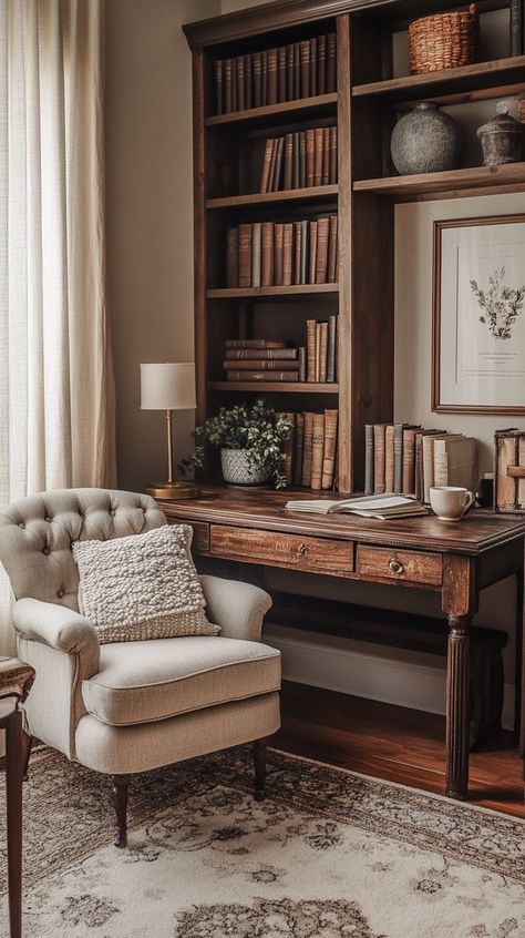 Elevate Your Study Room Inspiring Decor Ideas for Every Style - Remodr Study Room Designs, Front Room Office, Home Library Rooms, Vintage Home Office, Cozy Nooks, Modern Study, Study Room Design, Small Apartment Design, Wood Tones