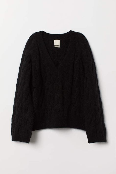 H&M - Cable-knit Wool-blend Sweater - Black Jumper Aesthetic, Black Sweater Outfit, Style Dark Academia, Black Cable Knit Sweater, Knit Sweater Outfit, Cashmere Outfits, Black Jumper, Cable Knit Jumper, Black Knit Sweater