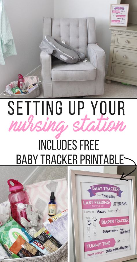 The best way to make nursing stress free on mama- set up a nursing station with a breastfeeding basket! this also has a fun printable baby tracket that comes in both blue and pink Nursery Nursing Station, Nursing Set Up, Nursing Station Organization, Nursing Station Ideas, Bedside Nursing Station, Nursing Caddy Essentials, Nursing Corner In Bedroom, Pumping Station At Home, Breastfeeding Organization