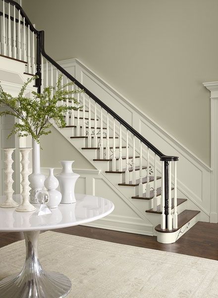 Benjamin Moore Tapestry Beige.  A gray-beige. Works with boy blue or red. Neutral Paint Colors Benjamin Moore, Tapestry Beige, تحت الدرج, Stonington Gray, Most Popular Paint Colors, Popular Paint Colors, Perfect Paint Color, Stair Case, Neutral Paint Colors