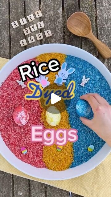 Celena Kinsey on Instagram: "I post this video EVERY year because it is legitimately the only way I like dyeing Easter eggs and if you haven’t tried it yet, here’s your sign to do it! 

It’s super fun for toddlers to join in too, plus I just love that it’s an easy way to dye rice for sensory play.  This rice also lasts for years so just store it in a ziploc bag and you’re good to go. To set the color, add a tsp of vinegar to your rice first, then add the food coloring and egg! 

#sensory #easter #easteregg #eastereggs #eastercrafts #easterholidays #diyeaster #easteractivity #ideasforkids #sensoryactivity" Rice And Eggs, Sensory Rice, Kids Mess, Dye Easter Eggs, Easter Toddler, Easter Baskets For Toddlers, Easter Egg Dye, Egg Crafts, Future Children