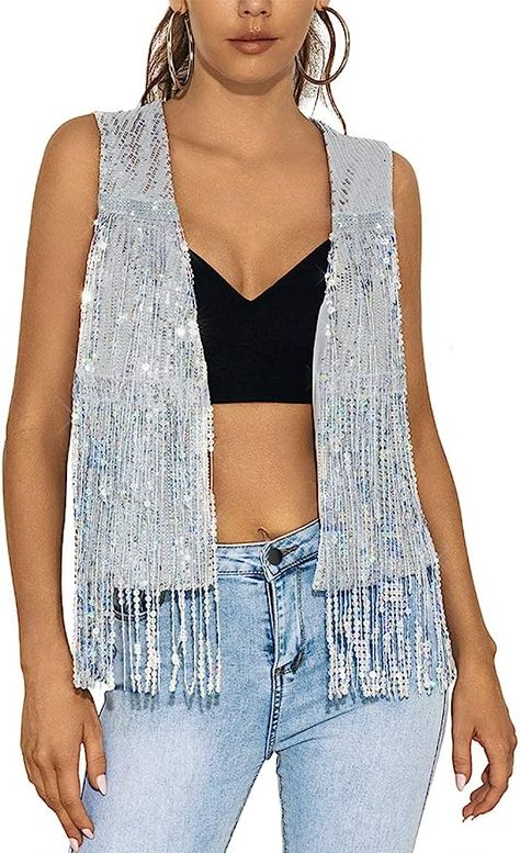 Edary Women's Sequin Sleeveless Vest Sparkly Casual Open Front Waistcoat Jackets Glitter Vest Coat(Silver,L) at Amazon Women's Coats Shop Disco Cowgirl Outfit, Glitter Vest, Sequin Vest, Cowgirl Outfit, Disco Cowgirl, Open Front Jacket, Cowgirl Outfits, Vest Coat, Outerwear Vest