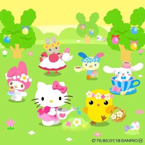 Chokotto Farm × Sanrio Characters Collaboration Garden Pfp, My Friend Pero Sanrio, Gaopowerroo Sanrio, Egg Sanrio Character, Sanrio Spring, Spring Hello Kitty, Happy Easter Sanrio, Sanrio Puroland Halloween, Kitty Icon