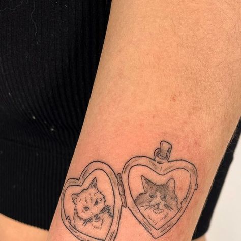 🌞 c o l l e e n 🌝 on Instagram: "Locket 🎀💗 thanks georgia! 
•
•
•
•
•
•
#tattoo #illustration #aesthetictattoo #tattooideas #halifax #novascotia  #tattooartist #contemporarytattoo" Cat Locket Tattoo, Three Cats Tattoo, Georgia Tattoo, Tattoos Stencils, Cat And Dog Tattoo, Lock Tattoo, Locket Tattoos, Cat Tatto, Tats Ideas