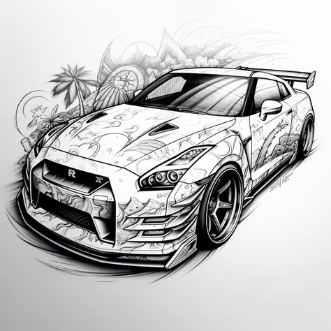 Nissan Gtr Tattoo, Gtr Tattoo, Gtr Drawing, Car Art Drawing, Nissan Gtr 35, Linework Art, Nissan Gtr Nismo, Skyline Drawing, Gtr 35