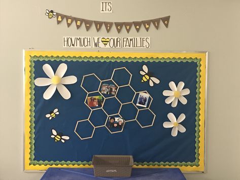 Bumblebee Family Board I made for my room “ It’s UN -BEE -lievable how  much we love our families” #classroom #daycare #bumblebee #family #beetheme Me And My Family Preschool Theme Bulletin Boards, Family Tree For Classroom Door, Family Wall For Classroom Ideas, Beehive Family Tree, Family Board For Infant Room, Family Tree Daycare Bulletin Boards, Family Tree Ideas For Daycare, Family Theme Classroom Decoration, Family Picture Board Classroom