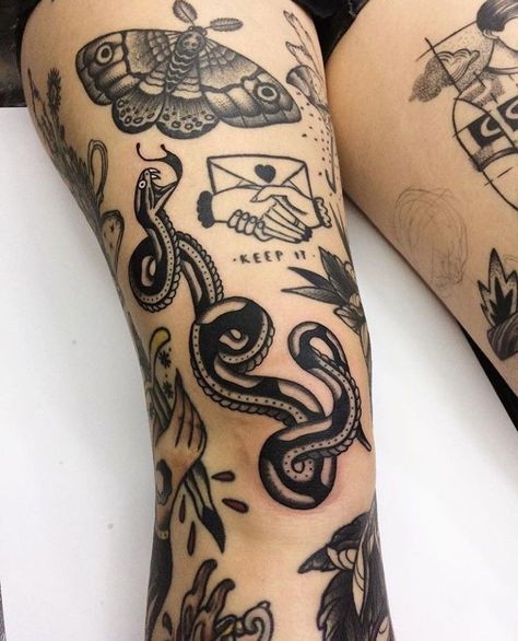 Knee Snake Tattoo, Traditional Tattoo Knee, Traditional Black Tattoo, Patchwork Tattoo Ideas, Traditional Tattoo Inspiration, Patchwork Tattoo, Tattoo Leg, 4 Tattoo, Leg Sleeve Tattoo