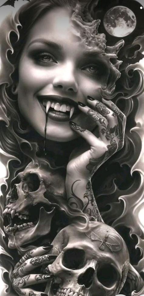 Seductive Tattoos, Vampire Tattoo Designs, Portrait Tattoo Sleeve, Female Warrior Tattoo, Eerie Art, Vampire Tattoo, Evil Skull Tattoo, Cool Easy Drawings, Cool Tattoo Drawings