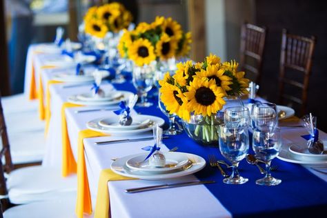 sunflowers+and+blue+wedding | Sunflowers and blue table. Sunflower Senior Serve Table, Yellow And Blue Wedding Decorations, Royal Blue And Sunflower Wedding, Yellow And Blue Wedding Theme, Sunflower And Blue Wedding, Brunch Table Decorations, Yellow And Blue Wedding, Blue Sunflower Wedding, Wedding Sunflowers