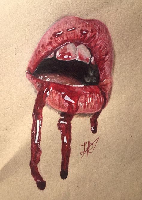 Semi Realistic Gore Art, Drippy Lips Drawing, Mouth Drooling Drawing, Sharp Teeth Drawing Reference Smile, Childhood Art Gcse, Mouth Eating Drawing, Lips Art Painting, Lips With Tongue Out Drawing, Fantastic And Strange Gcse Art