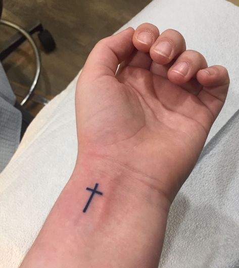 Cross Mini Tattoo, Navy Blue Tattoo Ink, Mini Men Tattoo, Cross Wrist Tattoo Men, Male Cross Tattoos, Men’s Cross Tattoos, Simple Cross Tattoo For Men, Small Cross Tattoo For Men, Small Christian Tattoos For Men