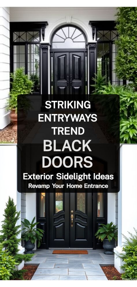 Black Doors Exterior Front Entry Outdoor Entryway Lighting Front Entry, Solid Black Front Door With Sidelights, Black Interior Front Door Entry Ways, Solid Front Door With Sidelights, Black Doors Exterior Front Entry, Black Front Door Interior, Black Interior Front Door, Modern Black Door, Single Exterior Doors