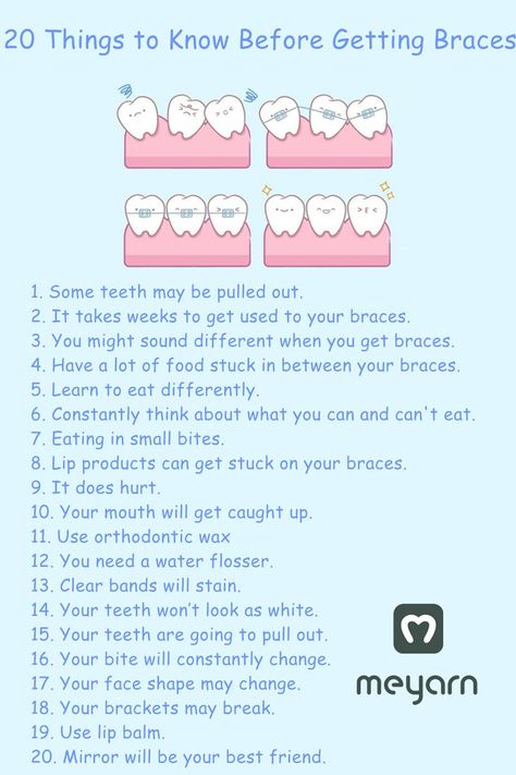 1. Some teeth may be pulled out. 2. It takes weeks to get used to your braces. 3. You might sound different when you get braces. 4. Have a lot of food stuck in between your braces. 5. Learn to eat differently. 6. Constantly think about what you can and can't eat. 7. Eating in small bites. 8. Lip products can get stuck on your braces. 9. It does hurt. 10. Your mouth will get caught up. Things To Do Before Getting Braces, After Braces Food, How To Get Braces, First Time Braces, How To Look Attractive With Braces, Braces First Day, Braces Diet, What Not To Eat With Braces, Things To Eat After Getting Braces