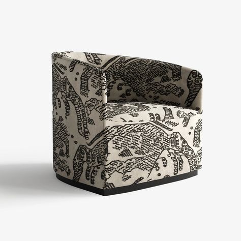 Introducing The Rastrick Armchair - a contemporary masterpiece meticulously crafted in Britain. This fully customizable armchair, originally designed for a luxury London penthouse, exudes opulence and sophistication. Its bold jacquard velvet upholstery, inspired by Tibetan carpets, showcases intricate patterns of magical tigers and a mysterious map of uncharted territories. Indulge yourself and make this armchair the focal point of your living space. Custom Design Service Whether it's a differen White Swivel Chairs, Victorian England, Patterned Armchair, Feature Chair, Luxury Penthouse, Grey Armchair, Luxury London, Luxury Contemporary, Luxury Apartment