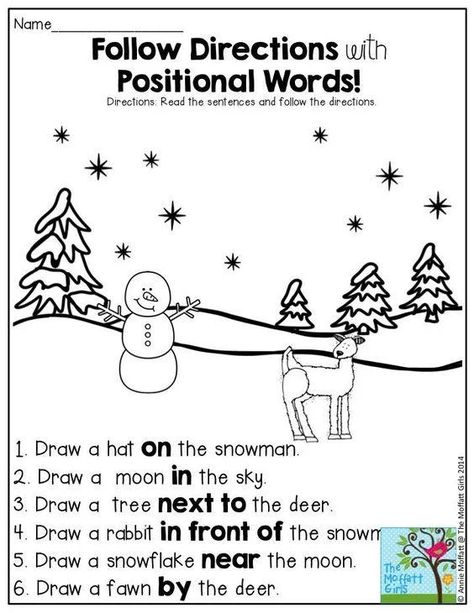 Preschool Positional Words Worksheet, January Worksheets, December Worksheets, Kindergarten Journal, Directions Worksheet, Reindeer Party, Winter Worksheets, Positional Words, Words Worksheet