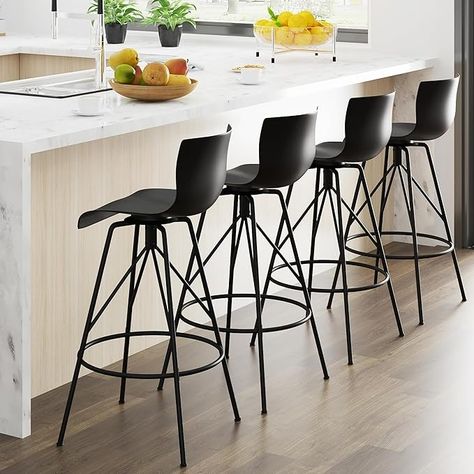 Amazon.com: Awonde 24" Swivel Bar Stools Set of 4 Modern Black Barstools with Backs Kitchen Counter Height Bar Chairs Plastic Seat Metal Legs : Home & Kitchen Apartment Barstools, Barstools With Backs, Modern Kitchen Bar, Kitchen Counter Height, Black Counter Stools, Grey Bar Stools, Bar Stools Kitchen Island, White Bar Stools, Manly Man