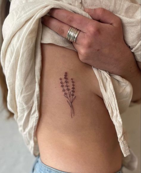 Delicate Flower Tattoo Ribs, Small Bff Tattoos, Lil Tattoo, Emily Reid, Dainty Flower Tattoos, Delicate Flower Tattoo, Lilac Tattoo, Small Moon Tattoos, Lavender Tattoo