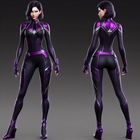 Galaxy Superhero Suit, Purple Superhero Suit Female, Black Superhero Suit Female, Purple Hero Suit, Purple Superhero Suit, Super Hero Costume Ideas, Marvel Oc Outfits, Superhero Oc Female Outfit, Purple Bodysuit Outfits