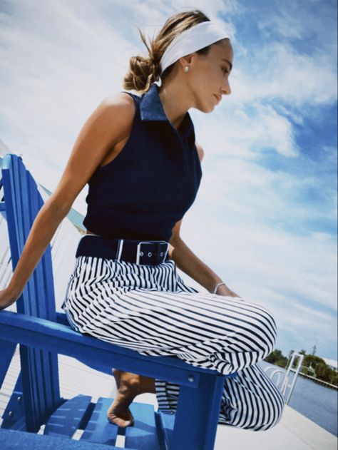 Nautical style outfit. Blue and white striped pants worn with a navy polo and white headband Coastal Preppy Outfits, Striped Nautical Tops For Summer, 70s Nautical Fashion, Nautical Cardigan Outfit, Nautical Stripes Outfit, Spring Sailor Striped Top, Maritime Style, Nautical Outfits, Stripe Pants