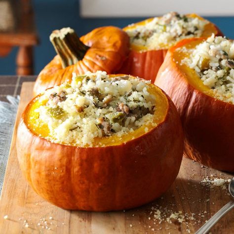 Sausage Rice Stuffed Pumpkins Fresh Pumpkin Recipes, Pumpkin Sausage, Stuffed Pumpkins, Savory Pumpkin, Sausage Rice, Stuffed Pumpkin, Fall Fun Food, Sweet Italian Sausage, Sukkot