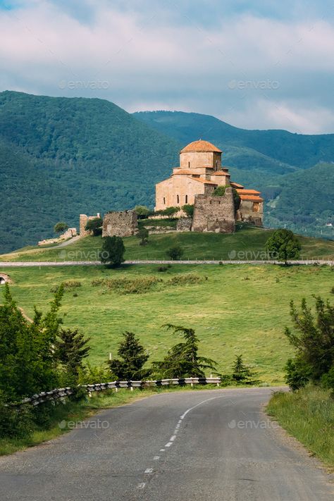 Georgian Mountains, Mtskheta Georgia, Georgia Landscape, Georgia Aesthetic, Orthodox Monastery, Road Landscape, White Labrador, Corporate Brochure Cover, Georgia Vacation