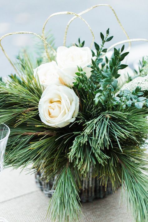 Green And White Christmas Floral Arrangements, Small Winter Floral Centerpieces, Winter Greens Arrangements, Small Winter Floral Arrangements, White Poinsettia Wedding, Winter Floral Arrangements Centerpieces, Holiday Wedding Ideas, Tablescape Design, Winter Flower Arrangements