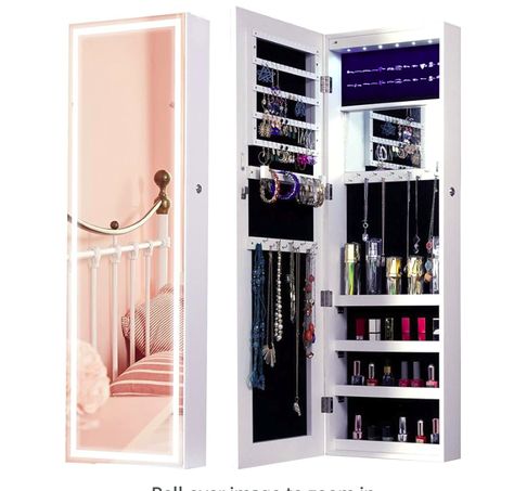 Great full length mirror, makeup mirror, & jewelry storage for small bedrooms! Mounted Full Length Mirror, Mirror Jewelry Cabinet, Wall Mounted Jewelry Armoire, Mirror Jewelry Storage, Mirror Jewelry, White Wood Wall, Wall Mount Jewelry Organizer, Mirror Jewelry Armoire, Mirror Jewellery Cabinet