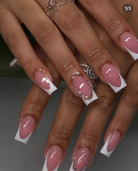 White Y2k French Tip Nails, Nail Design With Pink Base, Half Inch Nails, Simple Pink Nails With Gems, Original French Tip Nails, Initial Short Nails, Birthday Nails With Initial, Cute Nail Ideas Black Women, French Tip Short Nails With Design