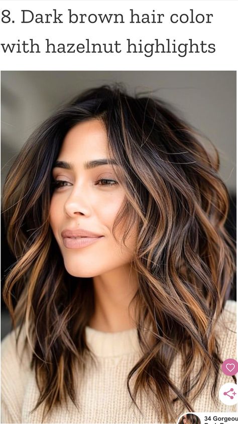 Brunette Dimensional Highlights, Long Layered Bobs Mid Length, Brunette Hair With Highlights And A Money Piece, Long Hair Color Ideas For Brunettes, Bangs With Highlights Brunettes, J Lo Hair Color, Ribbon Highlights Hair Dark Brown, Chocolate Lowlights Brunettes, Sombre Brown Hair