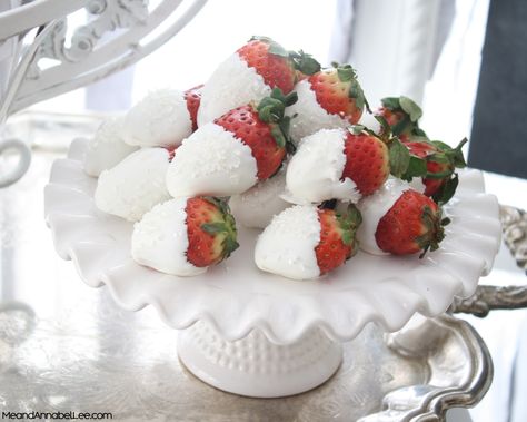 A Winter White Wonderland Brunch Party - Me and Annabel Lee White Dipped Strawberries, European Breakfast, Winter Shower, Snowflake Cutouts, Annabel Lee, Doughnut Shop, Dipped Strawberries, Raspberry Preserves, Winter Wonderland Baby Shower